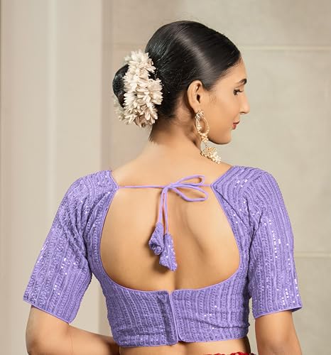 Image of Pujia Mills Women's Indian Ethnic Wear Designer Silver Sequence with Matching Embroidered Work Deep V Neck Half Sleeve Readymade Padded Saree Blouse Readymade Unique Color Saree Blouse