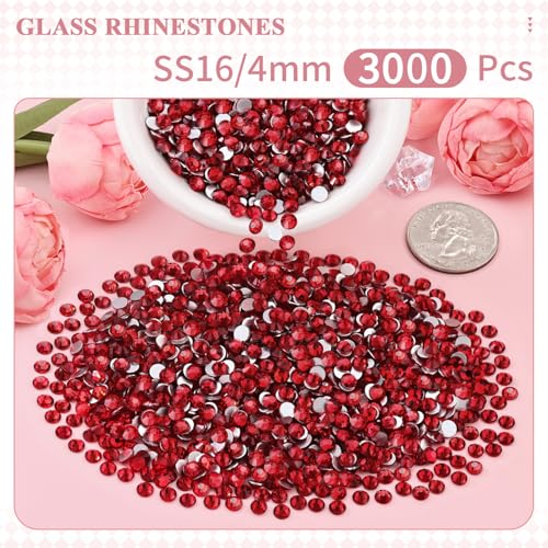 Image of 3000PCS SS16 /4mm Crystal Glass Rhinestones for Bedazzling (Dark Siam) | Flatback Rhinestones for Crafting DIY Nail Art Makeup Decoration, Gems Diomand Charms for Tumbler Shoes Clothing Mug