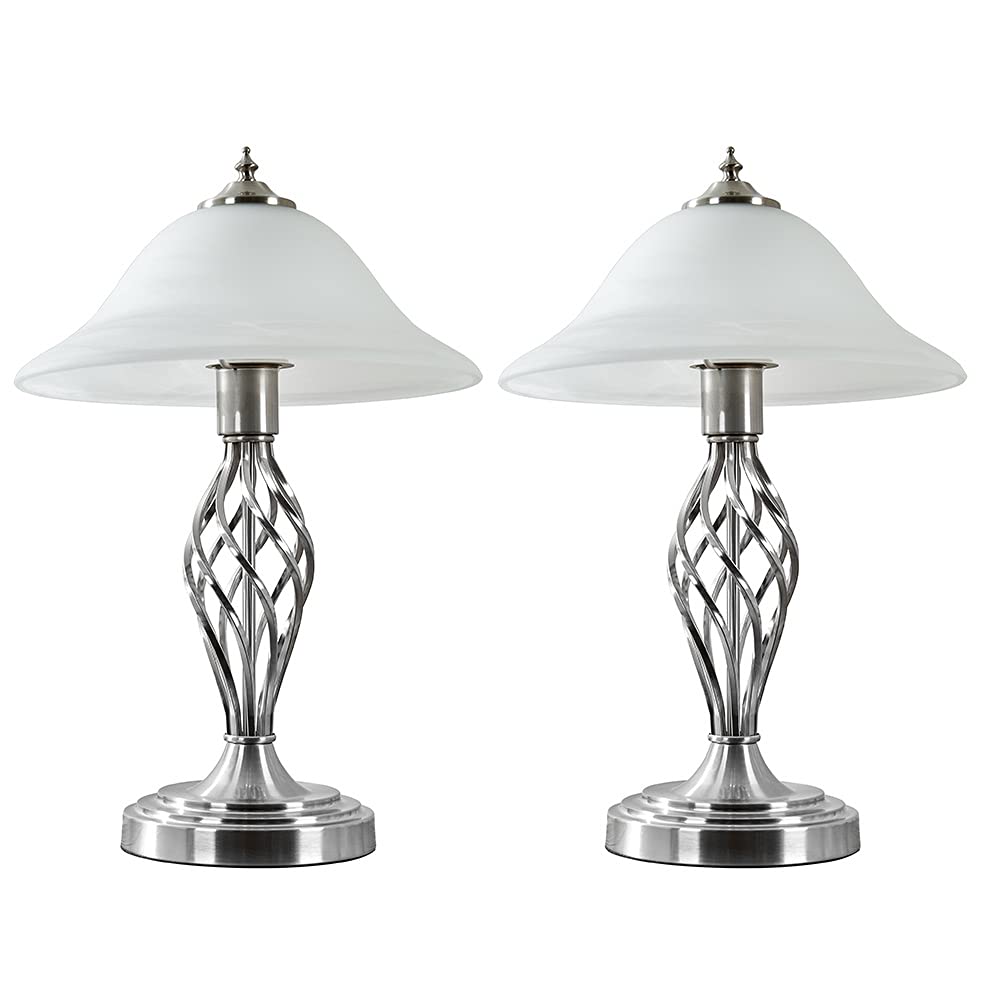 Memphis Pair Silver Table Lamps - Satin Nickel Finish - Frosted Alabaster Shade - Traditional Barley Twist Design