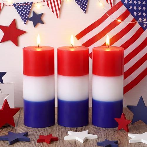 Image of Conelist 3 Pcs Red White and Blue Wax Candle 4th of July Unscented Dripless Pillar Patriotic Candles Smokeless Independence Day American Gifts for Dinner Party Decoration(Red Blue White,2 Inch)