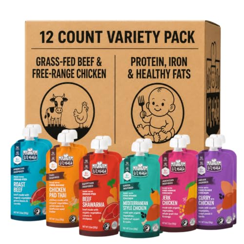 Li’l Hala Baby Food Meat Pouch Variety (12 ct)| Beef & Chicken Savory Baby Food Pouches with Protein & Organic Veggies, Toddler Snacks with Iron & Fiber| Stage 2 Toddler Food 6+ Months Puree Meal