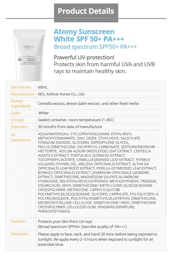 Image of Atomy Sunscreen SPF 50+ PA+++, High Protection Moisturizing Sunscreen, UVA /UVB Protection, 60 mL