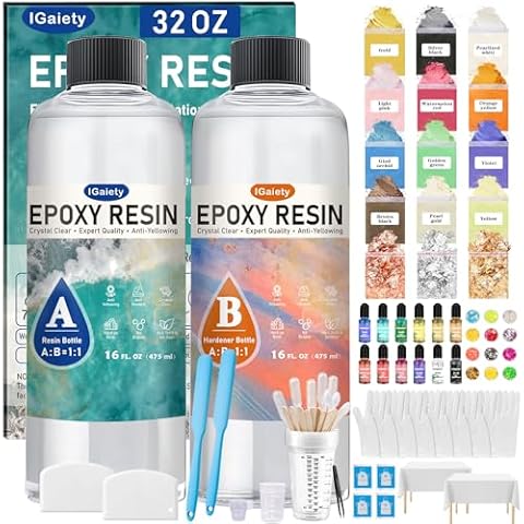 IGaiety Epoxy Resin 32 OZ, Epoxy Resin Kit, Crystal Clear Resin Not Yellowing Resin Epoxy Kit Self-Leveling & Bubble-Free Resin for Beginner Coating Casting DIY Jewelry Making Art Crafts (16 OZ+16 OZ) Cover