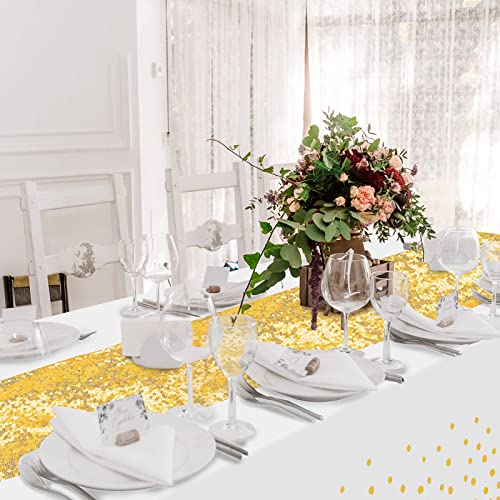 Image of Irenare 2 Pcs White and Gold Tablecloth and Sequin Table Runner Set Polka Dots Confetti Table Cover Dining Plastic Tablecloths Glitter Decorations for Birthday Wedding Anniversary Party Supplies