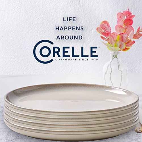 Corelle Stoneware 4-Piece Ceramic 10.5" Dinnerware Plate Set, High Edge Raised Rim Flat Dishes, Modern Rustic Handcrafted Artisanal Double Bead Glaze, Oatmeal #TOP6