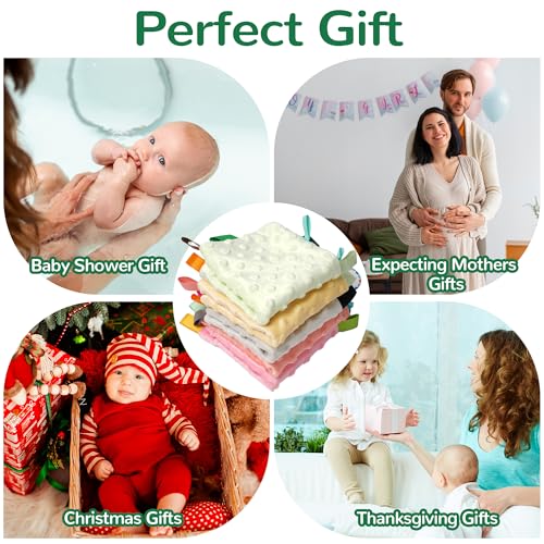 Image of Baby Tags Security Blankets - Baby Soothing Plush Blanket with Colorful Tags, 10 inchx10 inch Square Sensory Toys, Lovey for 3 Months+ Babies Boys and Girls (Green)