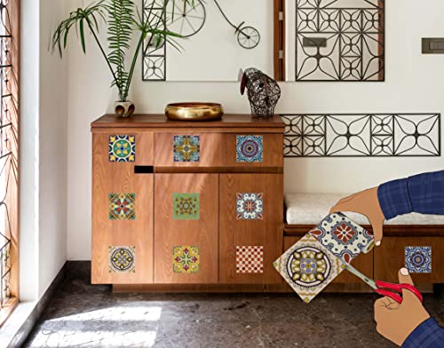 Image of WallDesign Spanish Glaze Tile Sticker - 30 Self - Adhesive Stickers For Cupboard, Panel, Cabinet, Furniture, Table, Glass, Wall - 4 In X 10 Ft Border, 304.8 Cm-Self-Adhesive