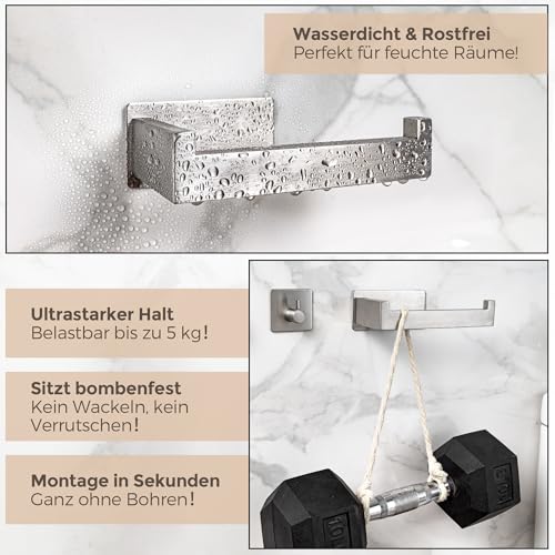 Toilettenpapierhalter Ohne Bohren Klopapierhalter Edelstahl 304 Gebürstet Wc Rollenhalter Selbstklebend Klorollenhalter, toilettenrollenhalter und 2 Stück Klebehaken für Küche und Badzimmer (Silber)