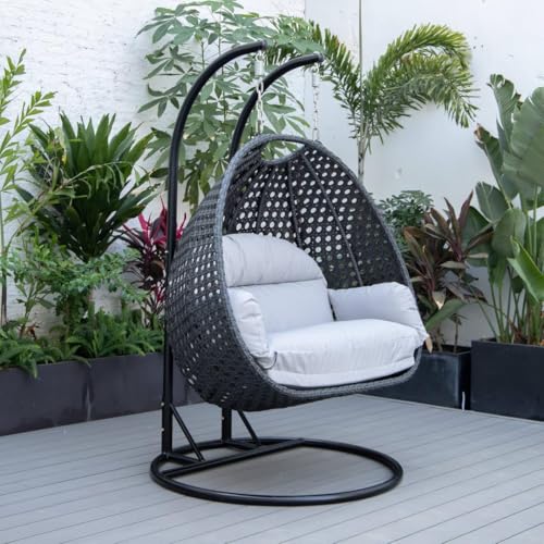 Image of Double Seater Hammock Swing Chair with Stand & Cushion | Heavy Duty Powder Coated Steel Frame | Outdoor Indoor Hanging Swing for Patio Balcony Garden Terrace Living Room (Grey-White)