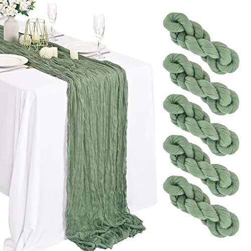 Image of Lykoow 5 Pack Sage Green Cheesecloth Table Runner, 13Ft x 35" Sage Rustic Gauze Boho Wedding Table Runner Decoration