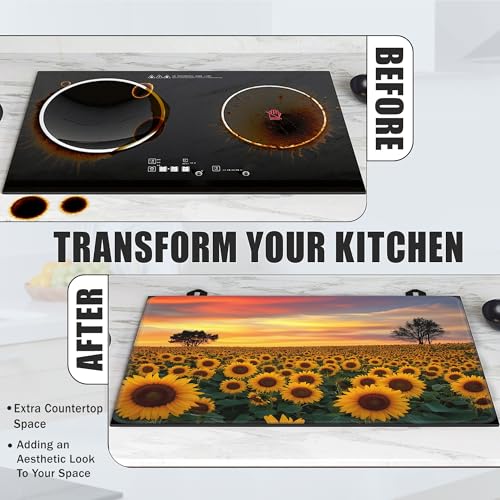 Image of Electric Stove Top Cover,Sunflower Field Stove Cover for Glass Top Electric Stove,Rustic Flowers Heat Resistant Flat Top Stove Mat Countertop Protector, 28 x 20 Inch