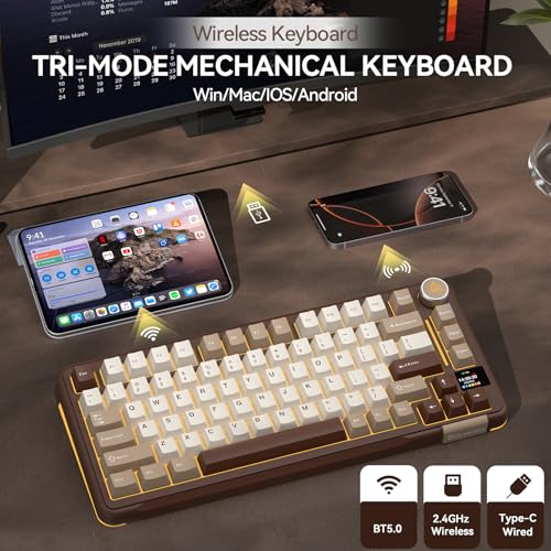 Image of SOLAKAKA A75 PRO 75% Wireless Mechanical Keyboard with Screen and Knob, Tri-Mode Hot Swappable Gaming Keyboard, RGB Backlit Gasket Creamy Pre-lubed PBT Computer Keyboard for PC /Mac /Win,Brown