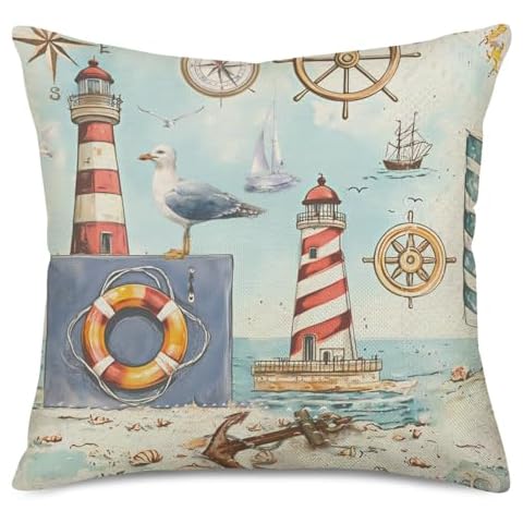 Royalours Throw Pillow Covers Ocean Seascape Theme Lighthouse Decorative Pillow Covers Cotton Linen Nautical Sailboat Pillow Case Cushion Covers 18 x 18 Inches (Lighthouse) Cover