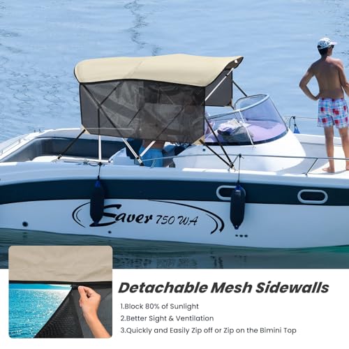 Image of KAKIT 3 4 Bow Bimini Tops with Mesh Sidewalls Support Poles for Boats Marine Grade Canvas Top Includes 2 Straps Storage Boot 1 Inch Aluminum Frame