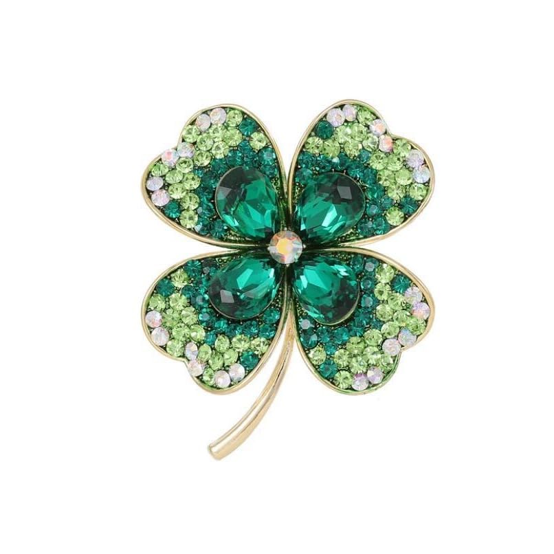 Image of Rhinestone Clover Leaf Brooch Pin, Green Four Leaf Clover Pin Shamrock Lapel Pin, Gold Plated Vintage Crystal Flower Brooches