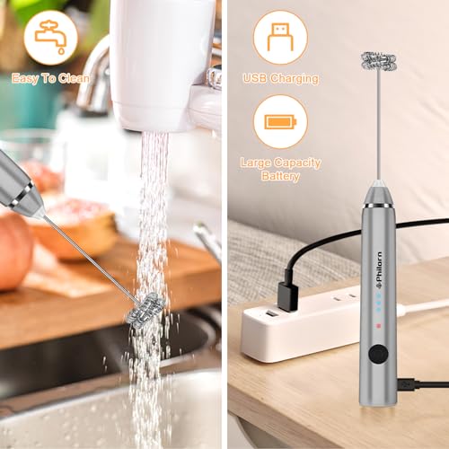 Image of Philorn Milk Frother Wand Handheld Rechargeable Electric Whisk Coffee Drink Mixer, Mini Foamer for Lattes, Cappuccino, Frappe, Matcha, Hot Chocolate, Protein Powder, Keto Diet (Silver 2 Heads)