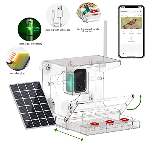 HHXRISE Bird Feeder with Camera, Wireless Outdoor Bird Feeder with Strong Suction Cups,Smart Birdfeeder AI Recognition 1080 HD Capture Live Video,Transparent Acrylic Bird House Birdwatching Up-Close