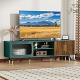 SEREMOVE 66” TV Stand with Glass Sliding Door, Mid Century Modern TV Cabinet for TVs up to 75 inch, Entertainment Center with Storage Cabinet, Television Console for Living Room, Bedroom, Green