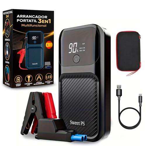 Sweet© Arrancador De Baterias De Coche Y Moto 8000A| Arrancador De Coches Portatil (Gasolina y Diesel) Con Pantalla Y Linterna 4 Modos| Carga Rapida 30W| Booster Bateria 12V| Incluye Funda y Cable USB