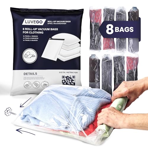 Luvego Vakuumbeutel für Reise - 8 Stück - Travel Vakuumbeutel für Kleidung zum Rollen - 3x 70x50cm, 3x 60x40cm, 2x 50x35cm - Rollbare Vakuum Beutel für Reise, Compression Bags
