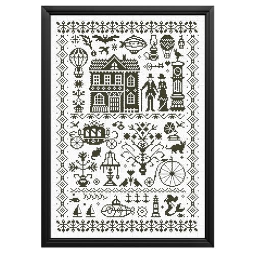Image of FREEBLOSS 11CT Modern Cross Stitch Kit Black Vintage Sampler Cross Stitch Craft Kit with Stitching Guide for Beginners Stamped Embroidery Set Crossstitch Wall Hanging Set 13.8x19.7inch
