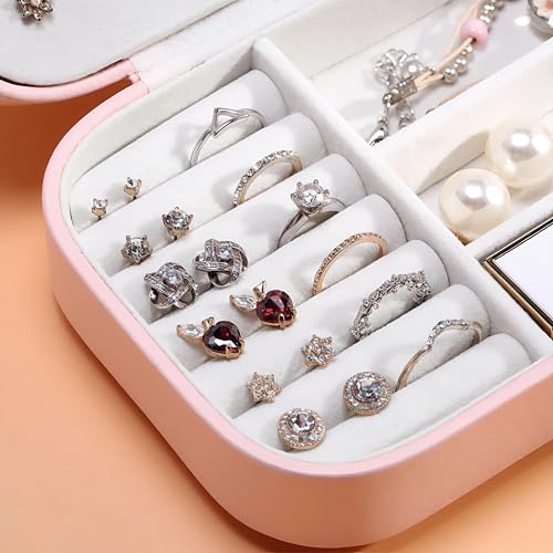 Image of Lazer Accessories Jewellery Organiser PU Leather Zipper Portable Storage Box Case with Dividers Container for Rings, Earrings, Necklace Home Organizer | Baby Pink