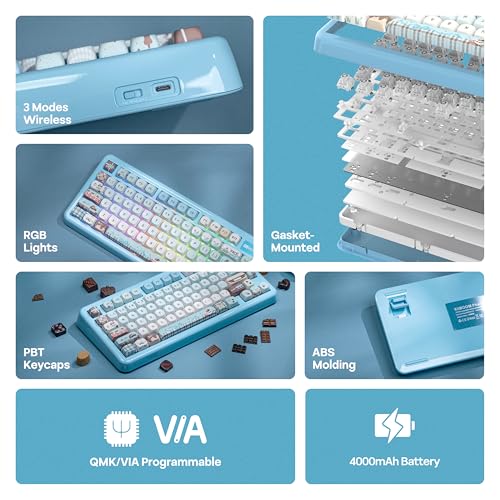 Image of KiiBoom Phantom81 Lite 75% Gasket Mechanical Keyboard, QMK&VIA Programmable, 3 Modes Wireless Gaming Keyboard, RGB Backlights, ABS Case + UV Tech, Hot-Swappable for Windows /Mac /Linux (Blue)