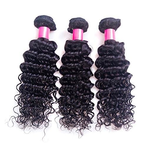 DFX Hair (TM) 8~30 inches Brazilian Virgin Human Hair Extension Deep Wave, Pack of Three, 100g/Bundle, 6A Natural Color Weft (16 18 20)