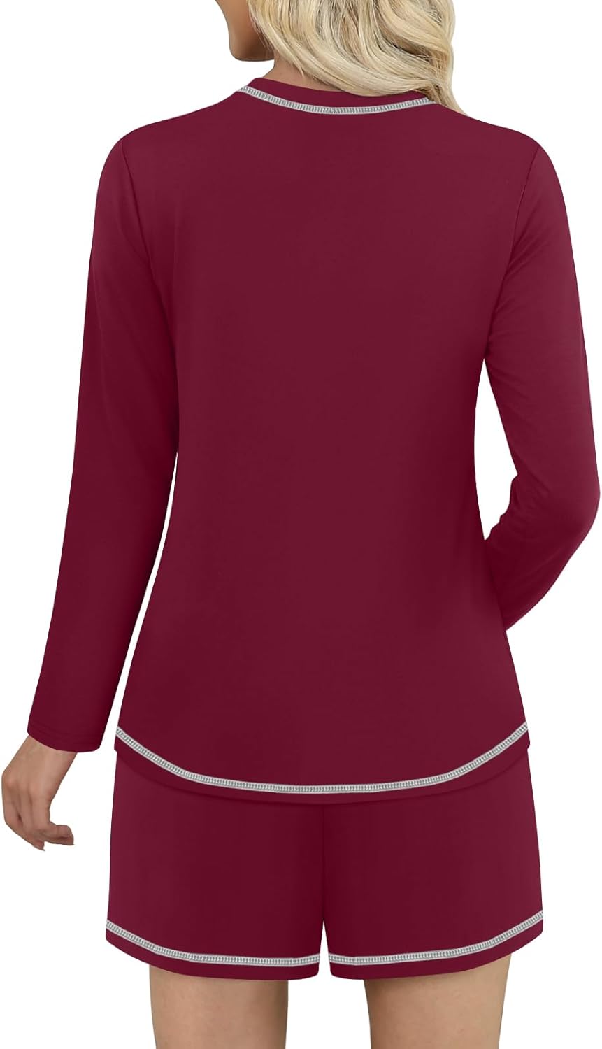 DouBCQ Women's Pajama Sets 2 Piece Long Sleeve Top and Shorts Crewneck Lounge Wear Soft Pjs with Pockets - Image 4