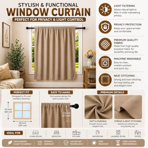 Image of Valance Blackout Rod Pocket Pattern Curtain Pack of 1 Piece, Kitchen Curtain | 3 Feet - Beige
