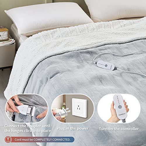 Maple&Stone Heated Blanket Electric Throw Soft Flannel Sherpa Fast Heating Electric Blanket,5 Heat Settings Heating Blanket & 3 Hours Auto-Off Timing Settings,Machine Washable(50 x 60 inches,Grey)