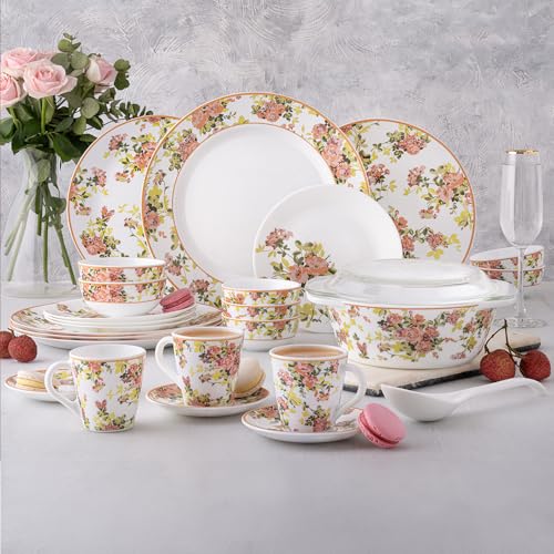Image of Larah by Borosil 49pc Opalware Amora Dinner Set for Family of 6 | Microwave & Dishwasher Safe Crockery Set for Dining & Gifting | Plates & Bowls