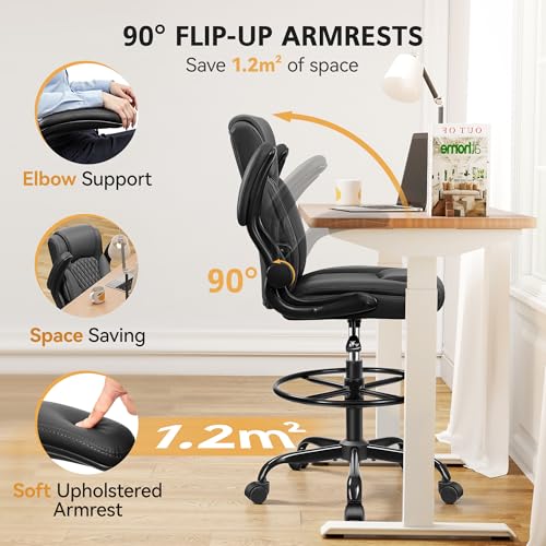 Image of Drafting Chair, Tall Office Chair for Standing Desk, High Executive Leather Ergonomic Computer Chair with Adjustable Height and Flip-Up Armrest for Counter Height Desk, Black, Pack of 1