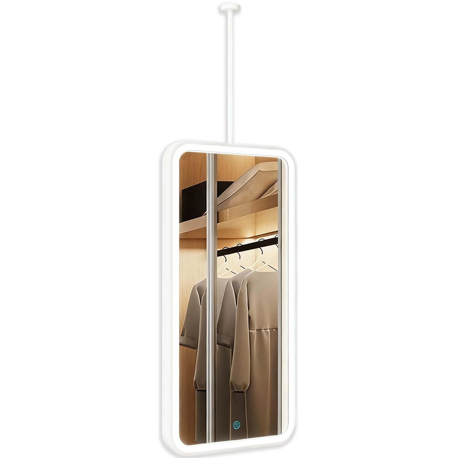 FGXHHS White Metal Pole Ceiling Suspended Mirror, LED with Front Lights, Rectangle Frame Rounded Corner for Bedroom Entryway Living Room(40cmx60cm)