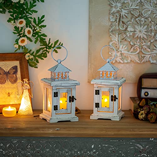 Decorative Candle Lantern Wood Farmhouse - Rustic Distressed Wooden Candle Lantern Holder Small Hanging / Tabletop, For Indoor Outdoor Home Decor Porch Patio Coffee Table Decorations, White #TOP2