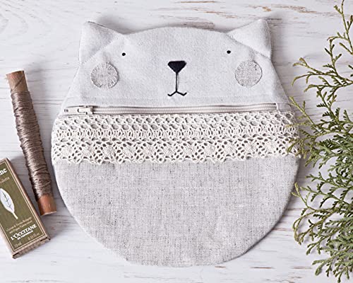 White Linen Cosmetic Bag, Cat Lover Gift, Cat Pencil Case, Handmade Makeup Bag - 20 x 20 cm. (7.8 x 7.8 in.), Travel Bag, Girlfriend Gift