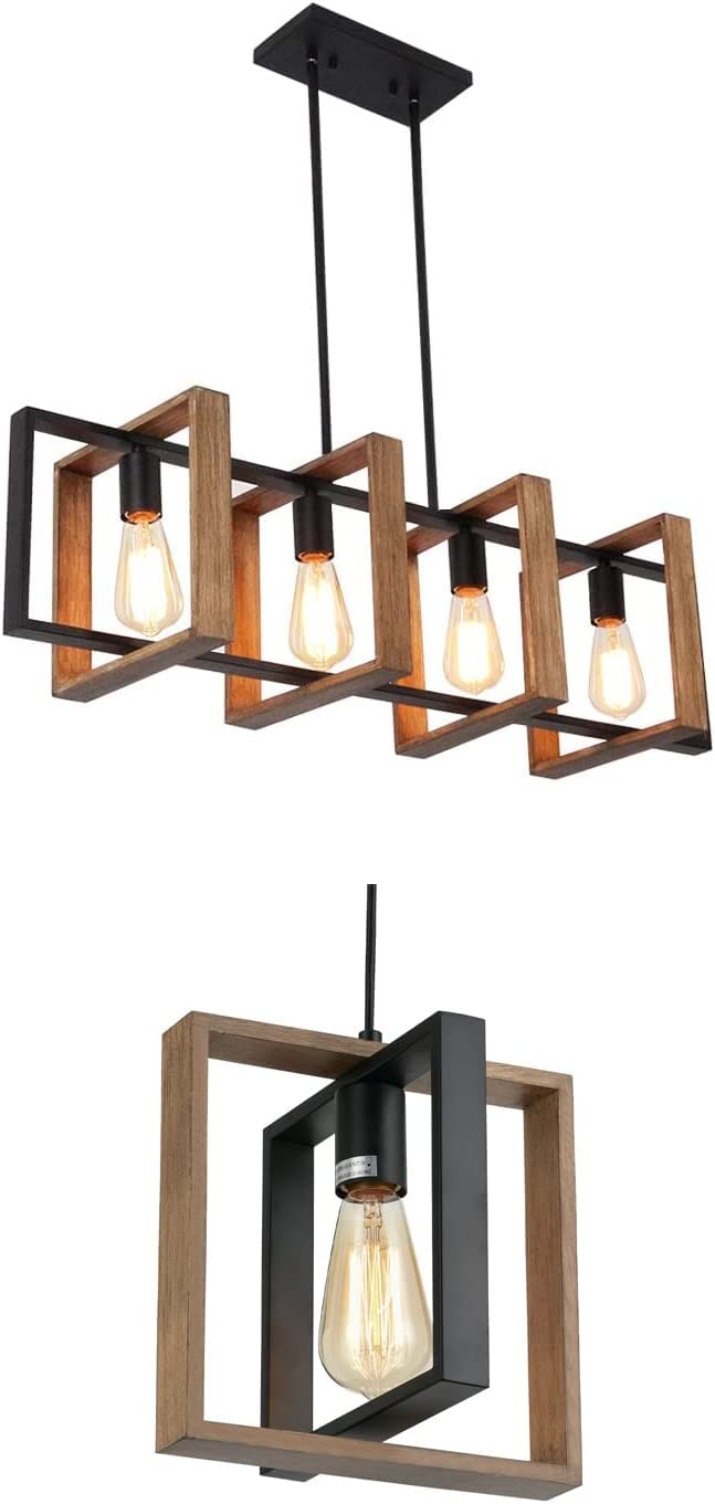 Iluminación de isla de cocina, 4 lámparas de araña de comedor de granja, iluminación colgante moderna negra, luces de mesa de billar, acabado de madera y metal negro mate (4 cabezales, madera)