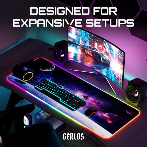Image of Gerlos RGB Gaming Mouse Pad, Large LED Desk Mat, 31.5 x 11.8 Inch | 12 light modes, non-slip base, water-resistant surface, stitched edges