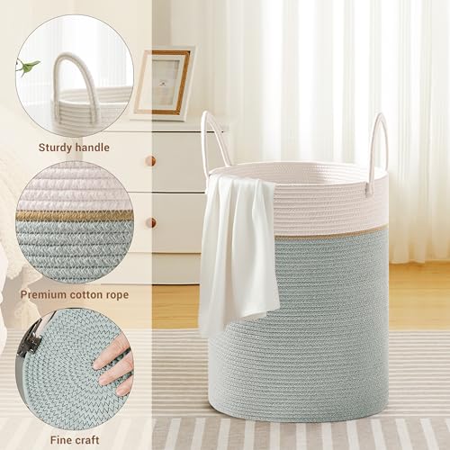 Image of 58L Tall Cotton Rope Laundry Basket with Handles, Sage Green