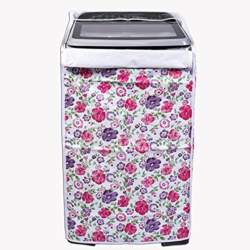 Image of Classic Top Load Washing Machine Cover Suitable for Bosch Back Panel 9 Kg, 9.5 Kg, 10 Kg, 10.5 Kg, 11 Kg (66cmsX63cmsX99cms, White & Pink Flower, Large)