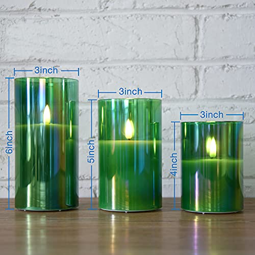 Eywamage Green Glass Flameless Candles With Remote, Real Wax Flickering Led Battery Pillar Candles Φ 3" H 4" 5" 6" #TOP1