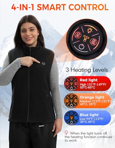 TODWARM Beheizbare Weste Damen Fleece mit Powerbank, 15 Heizzonen Heizweste Damen Fleece Leicht Wärmeweste für Camping Wandern Jagen Trekking Angeln Outdoor Aktivitäten Beheizte Weste Schwarze S