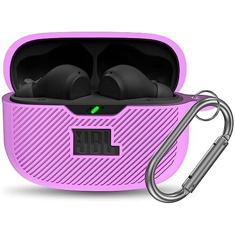 YIPINJIA for JBL Vibe 200TWS/JBL Vibe Beam Case Cover, Silicone Protective Shock Cover Compatible with JBL Vibe 200TWS & JBL Vibe Beam True Wireless Headphones Charging Case with Carabiner(Purple) Cover