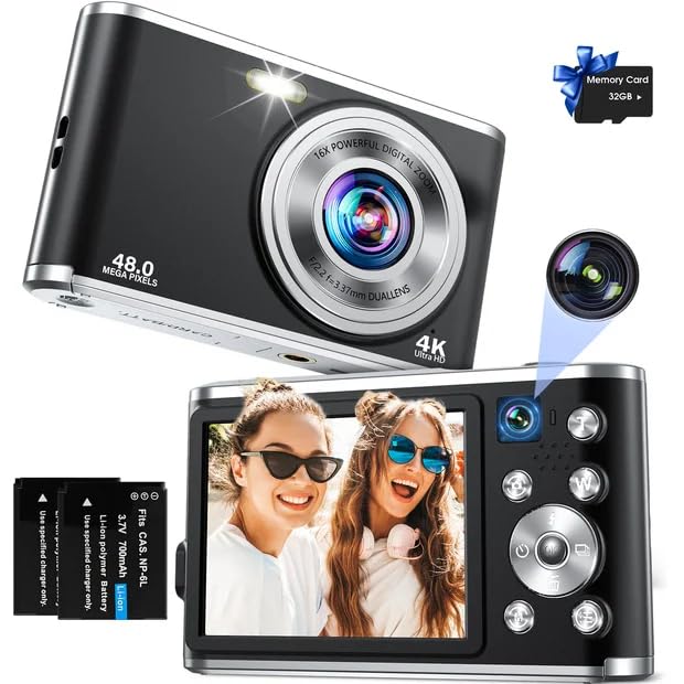 AutoFocus Appareil Photo Compact 4K avec Double Appareil Photo avec Carte mémoire 32 Go HD 48 MP 16X Zoom numérique 2,8
