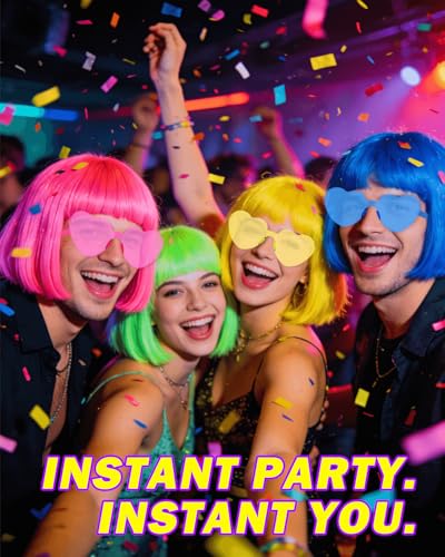 Image of Colorful Bob Wigs with Heart Sunglasses, Neon Colored Funny Wigs for Party