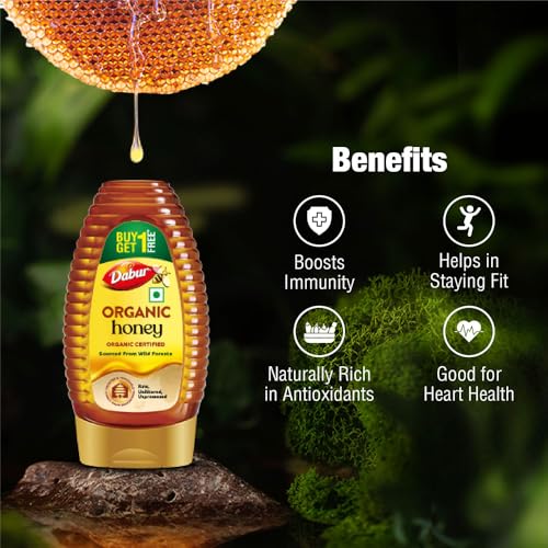 Image of Dabur Raw Organic Honey Squeezy Pack - 450g (225g x 2) | Buy 1 Get 1 Free | 100% Pure and Natural | NPOP Organic Certified | Raw, Unprocessed & Unpasteurized Honey | Sourced from Wild Forests