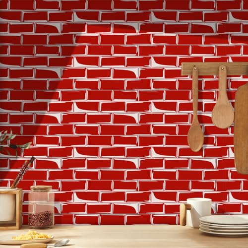 Azulejos Adhesivos 12X24CM Rojo Vinilos Cocina Azulejos Vinilos Para Baños Losetas Vinilo para Paredes Suelo Vinilo Autoadhesivo para Cocina