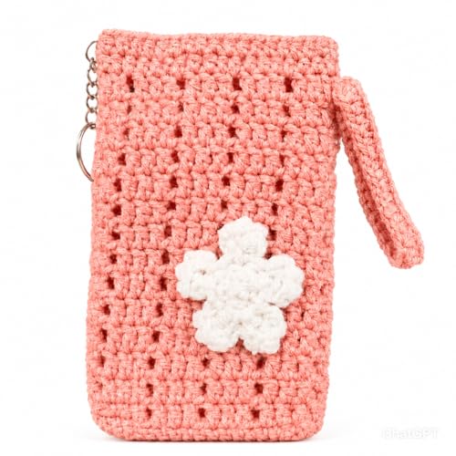Image of Handmade Crochet Mobile Pouch for Women & Girls | Knitted Phone Holder with Wrist Strap | Cute Floral Aesthetic Mobile Cover Case | Soft Yarn Handmade Gift Pink