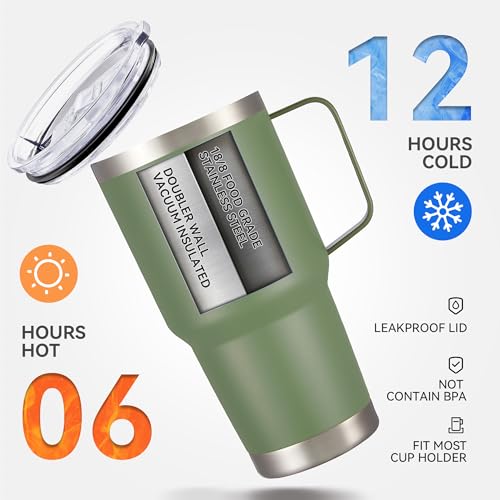 Image of 30 oz Stainless Steel Tumblers Bulk with Handle and Lid, 4 Pack | Powder Coated, Double Wall Vacuum Insulated, Leak Proof Lid, Keep Drinks Cold and Hot, for office, party, camping,Army Green