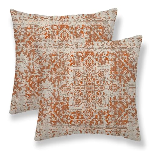 Sunshineyan Fall Pillow Covers 20x20 Set of 2, Burnt Orange Boho Decorative Throw Pillows Ethnic Vintage Farmhouse Bohemian Carpet Pattern Pillow Cases Linen Gifts for Couch Sofa Outdoor Decor